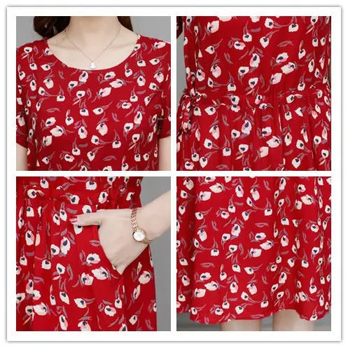 

Women's summer cotton silk dress knee-length short sleeved large size cotton silk