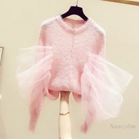 sweet mesh round neck pullover thin knitwear for women spring autumn new casual soft pink sweater jumper femme 2021
