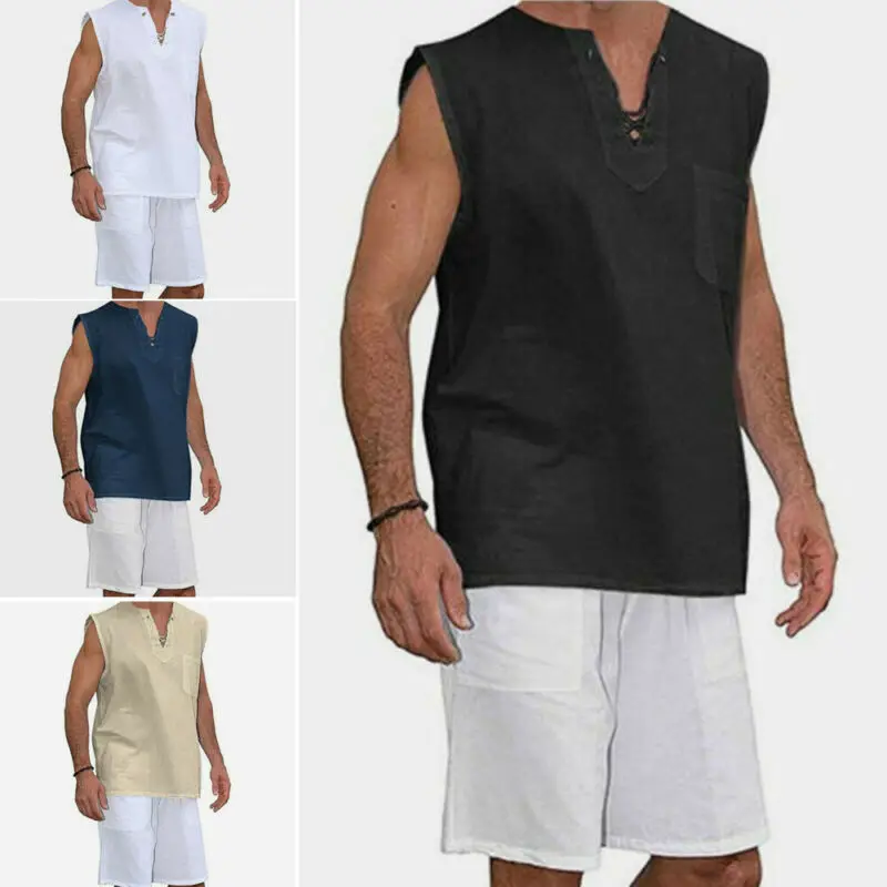 Майка мужская из хлопка и льна модная тенниска без рукавов модный топ в стиле