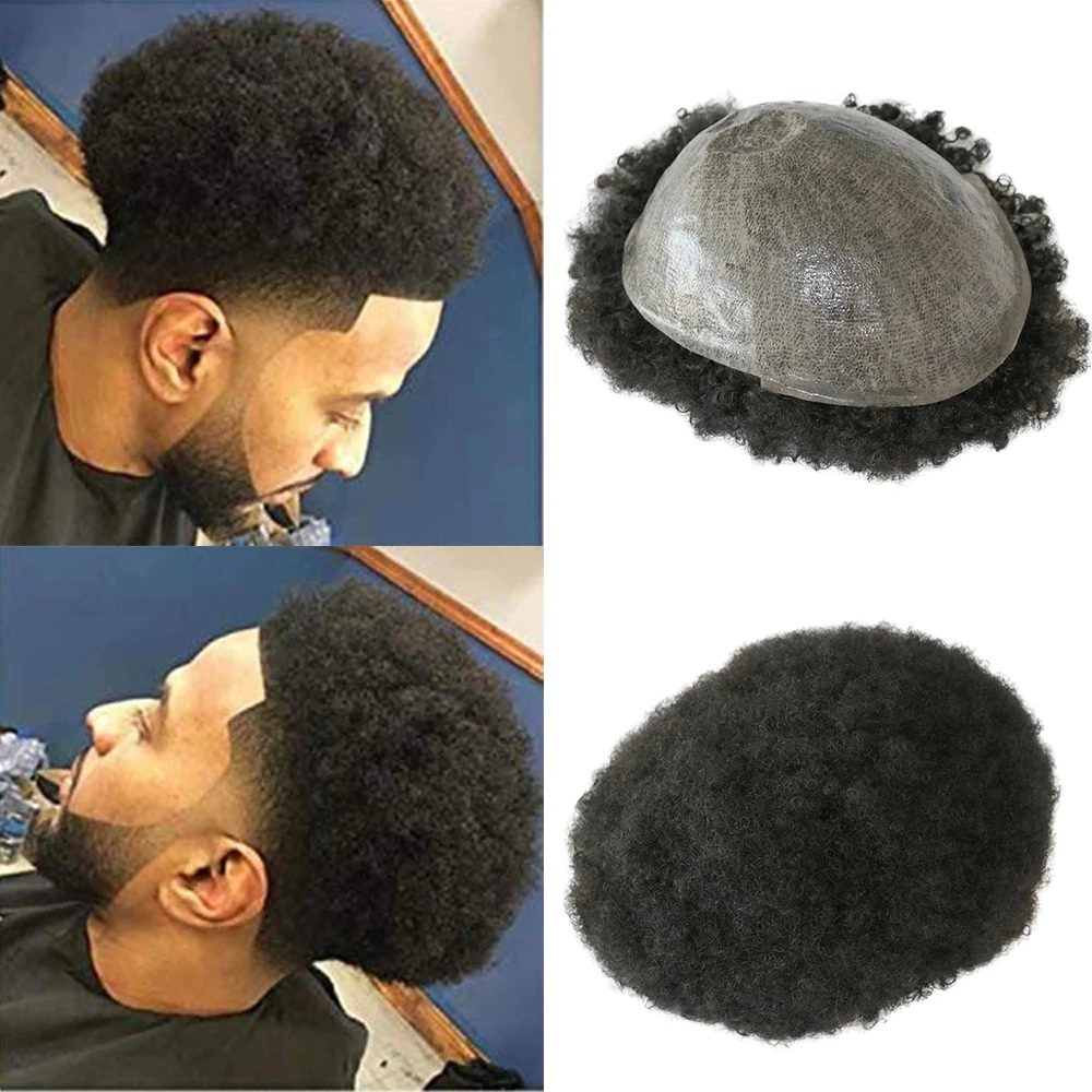 

Thin Skin 6MM Man Afro Curly Hair Unit Black Mens Kinky Curl Male Toupee Human Hair Wigs Cheap Kinky Curly PU Full Machine Made