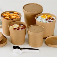 thick kraft paper cup disposable soup fruit dessert packing cups round pattern fast food leakproof takeaway package with lids
