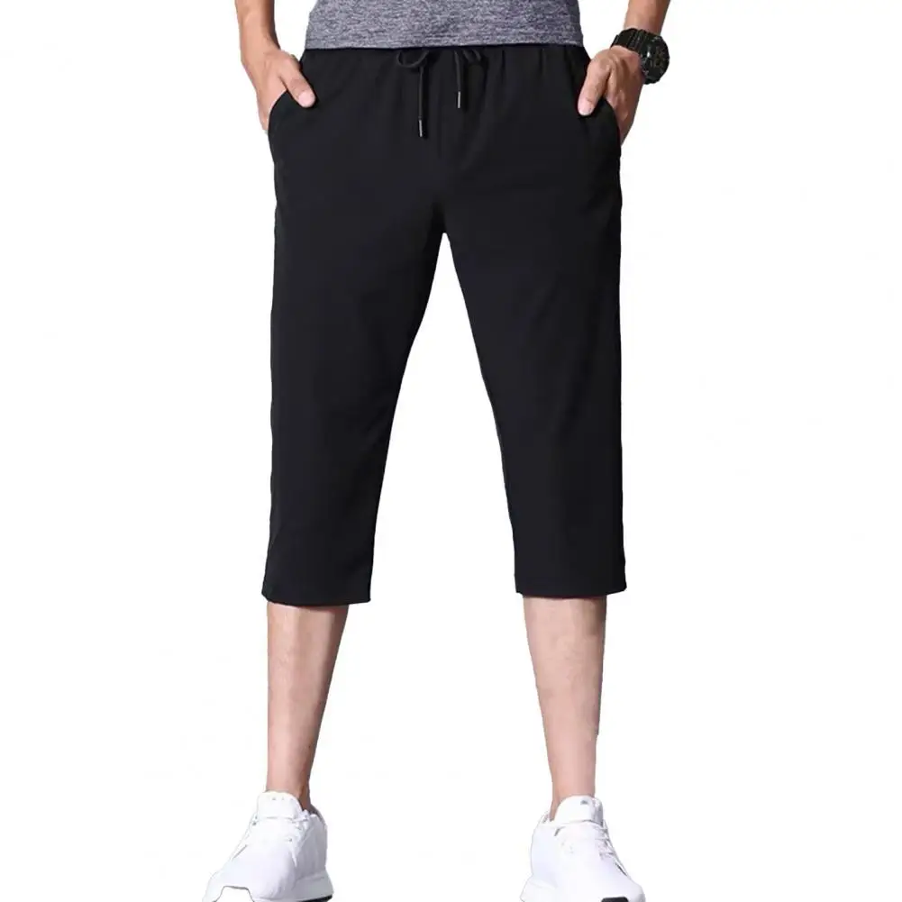 

Capri Pants 3/4 Capri Pants Solid Color Stretchy Men Drawstring Pockets Cropped Trousers for Sports Jogging Pants Casual Pants