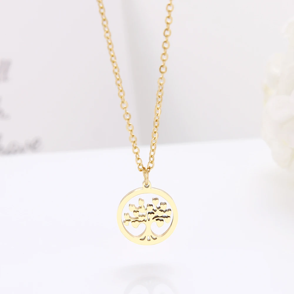 Ожерелье DOTIFI Tree Of Life Round из нержавеющей стали для женщин, золотого цвета, украшение на шею, ювелирные изделия.