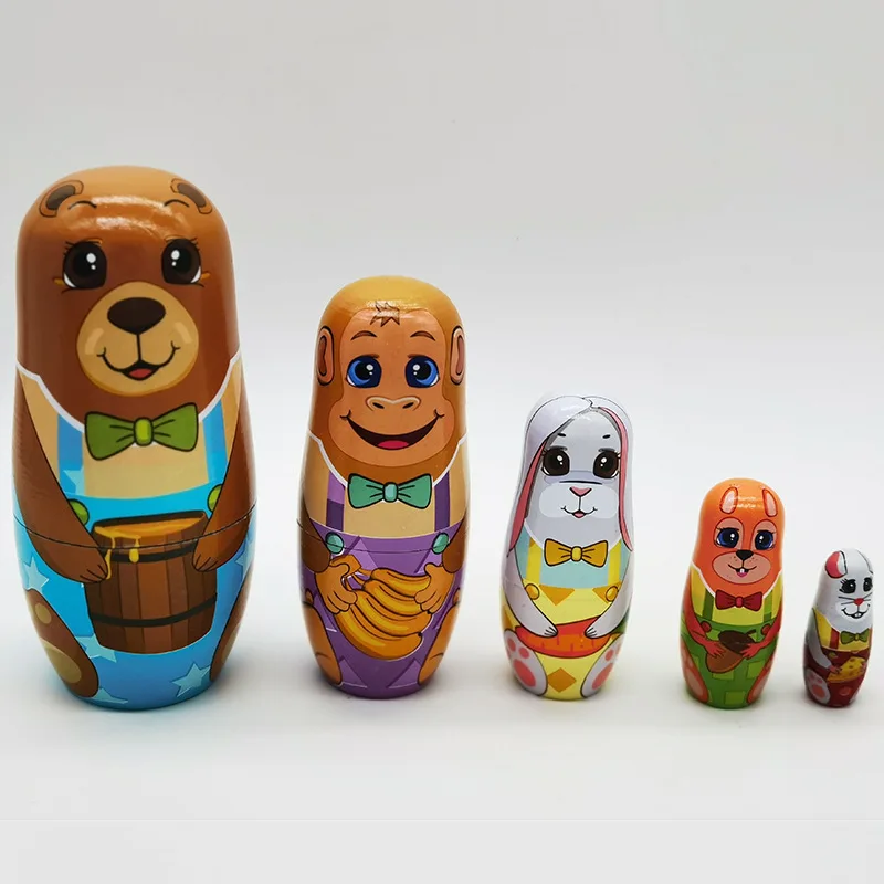 5PCS Wooden Matryoshka Doll Russian Nesting Dolls Matreshka Handmade Crafts Ornament Cartoon Dog For Home Decoration - купить по