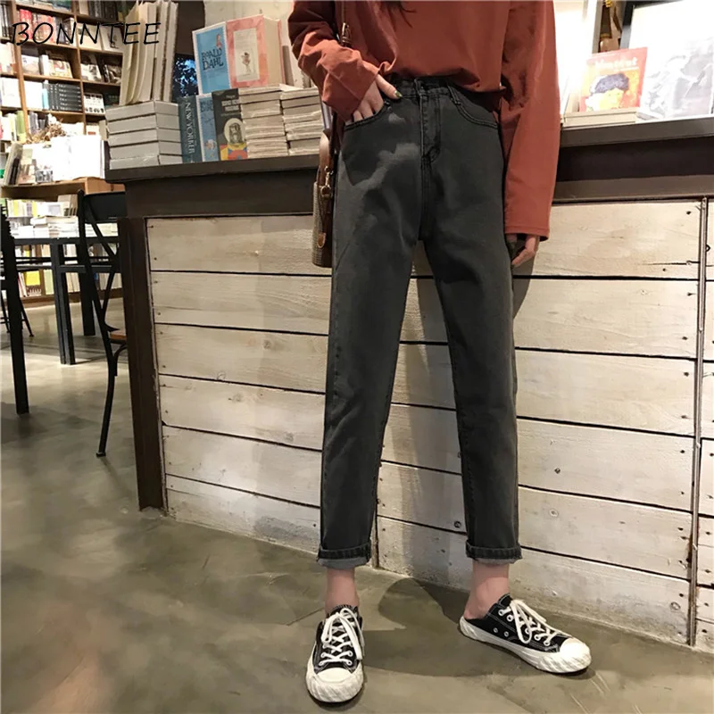 Женские джинсы 2020 однотонные с высокой талией прямые для отдыха до щиколотки в