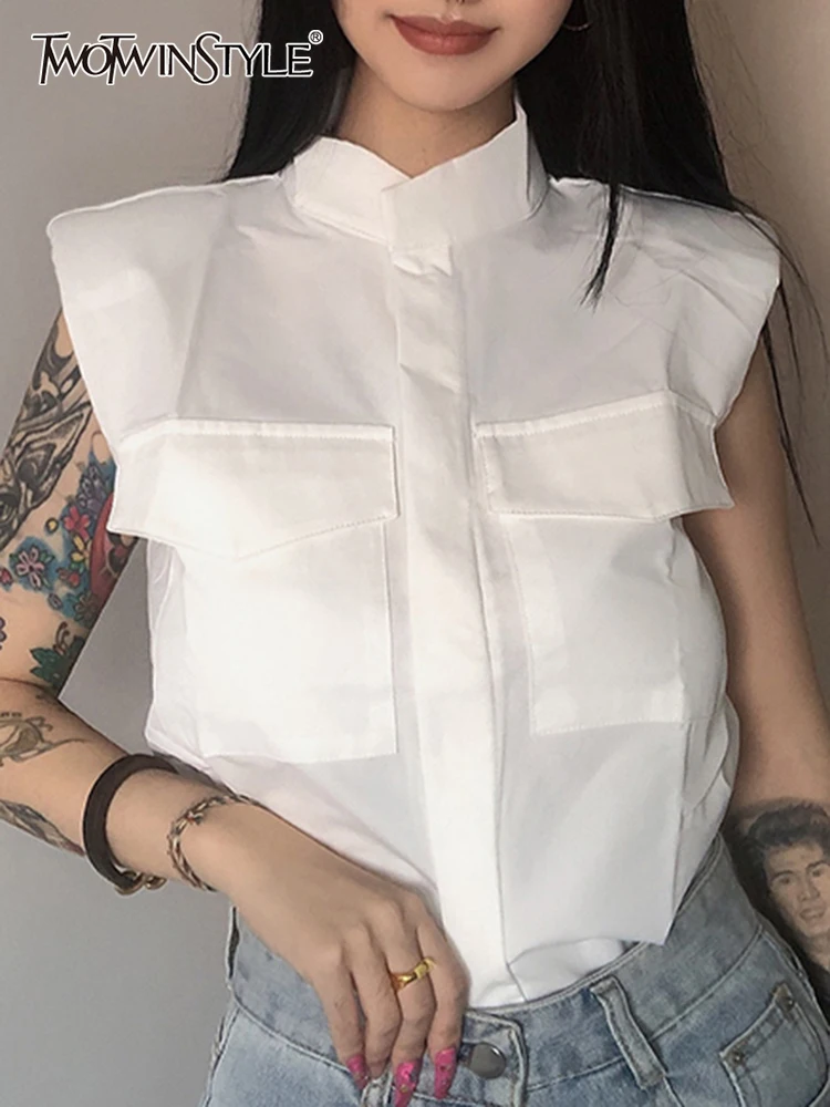 

TWOTWINSTYLE Casual Plain Women's Blouse Shirt Lapel Sleeveless Single Breasted Open Stitch Female 2022 Summer Fashion Clothing