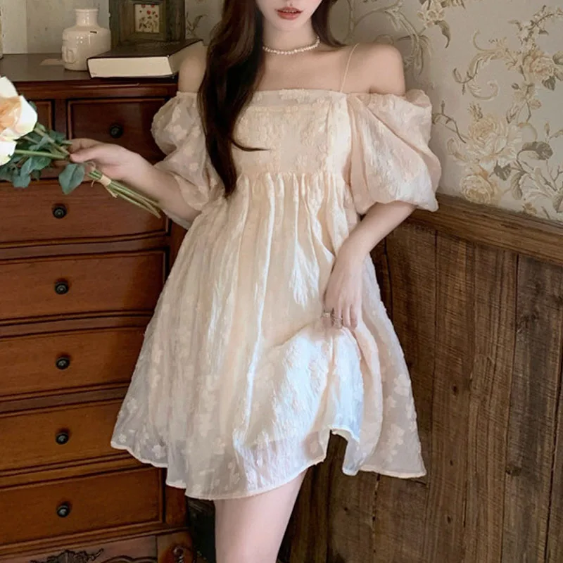 

Sweet Puff Sleeve Summer Women's Dress 2021 Vintage Korean Style French Mini Strap Dress Females Party Design Square Collar Y2k
