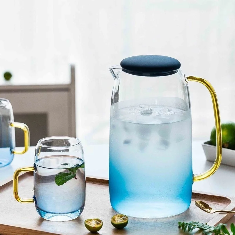 

Glass water ware Gradient blue transparent Gold handle 1.4L Cold kettle cup Coffee tea set bar decoration Home kitchen Supplies