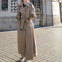 x long oversized korean style loose spring fall womens coat double breasted belted lady cloak windbreaker grey outerwear trench