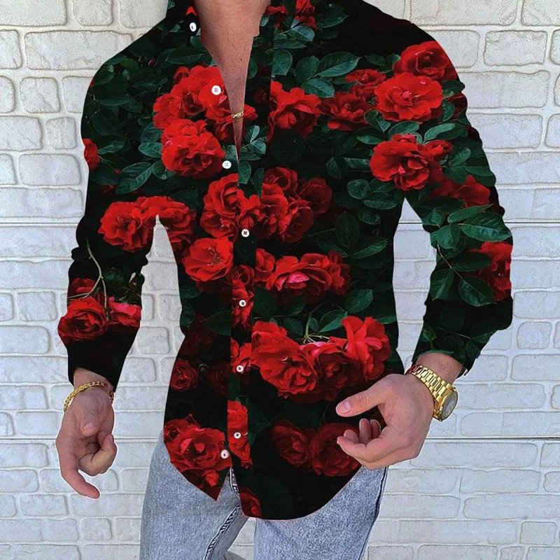 

Hot Sale Luxury Red rose Shirt Men Slim Fit Long Sleeve Geometric Printing Chemise Homme Social Men Club Prom Shirt M-3XL