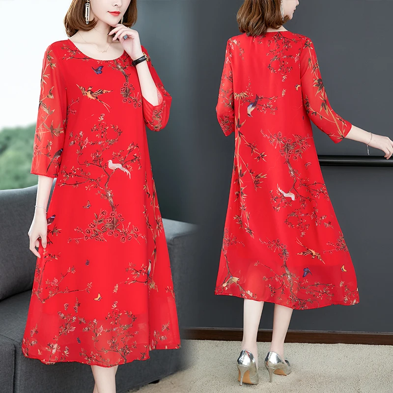 Летнее шелковое платье с принтом женские красные винтажные пляжные платья