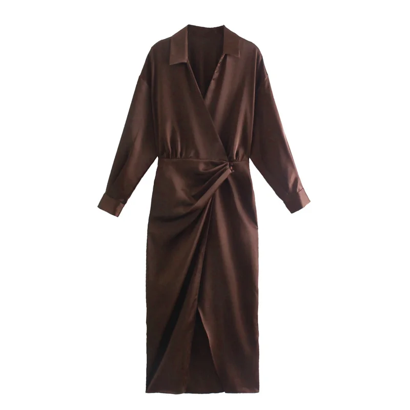 

Woman Elegant Brown Long Sleeve Long Dress 2021 Autumn Fashion Female V Neck Pleated Dress Ladies Casual Solid Color Dresses