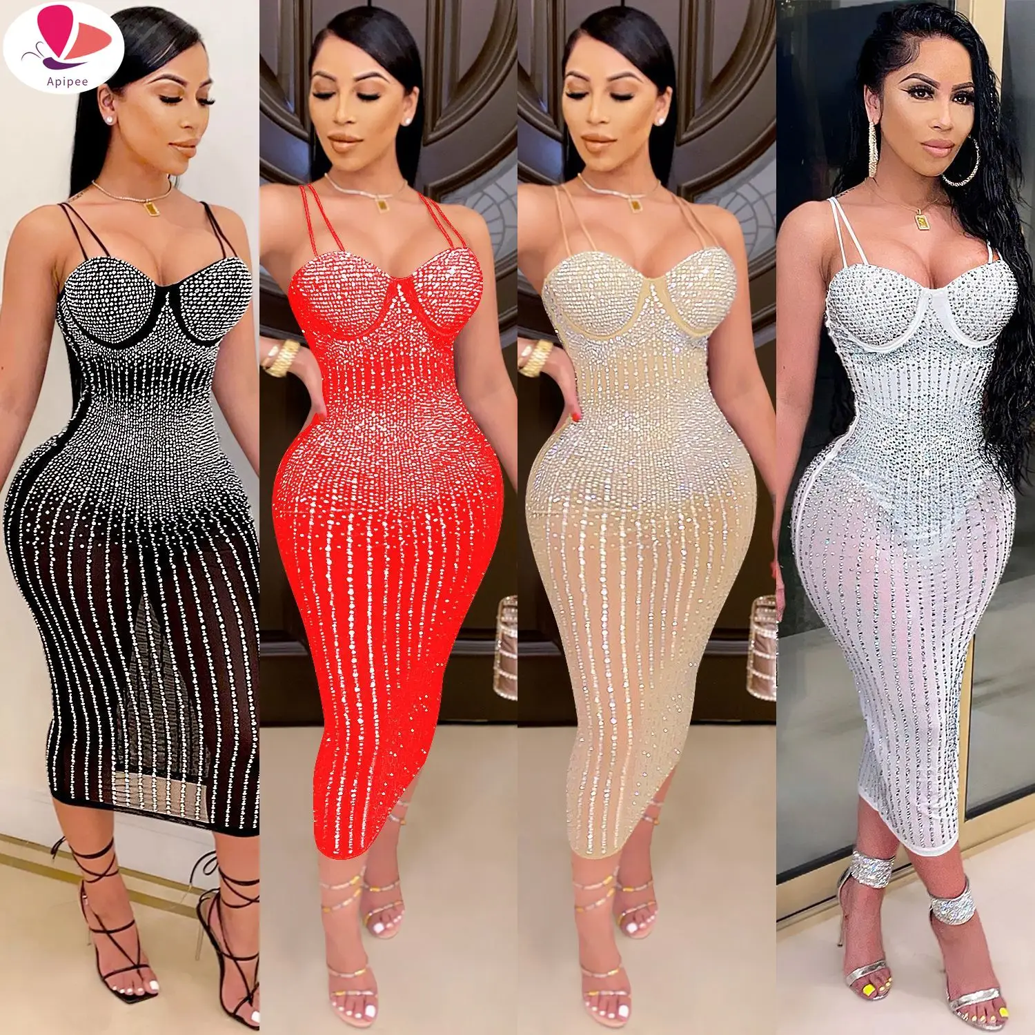 

Elegant Sheer Mesh Diamonds Patchwork Long Sleeve Long Dress Sexy See Through Party Club Dresses Women Outfit Vestidos