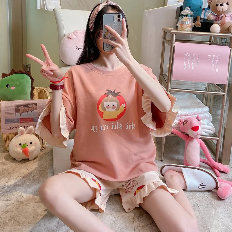 Princess Pajamas Womens Summer Korean Style Short Sleeve Cotton Suit Little Girl Thin Student Leisure Spring and Autumn