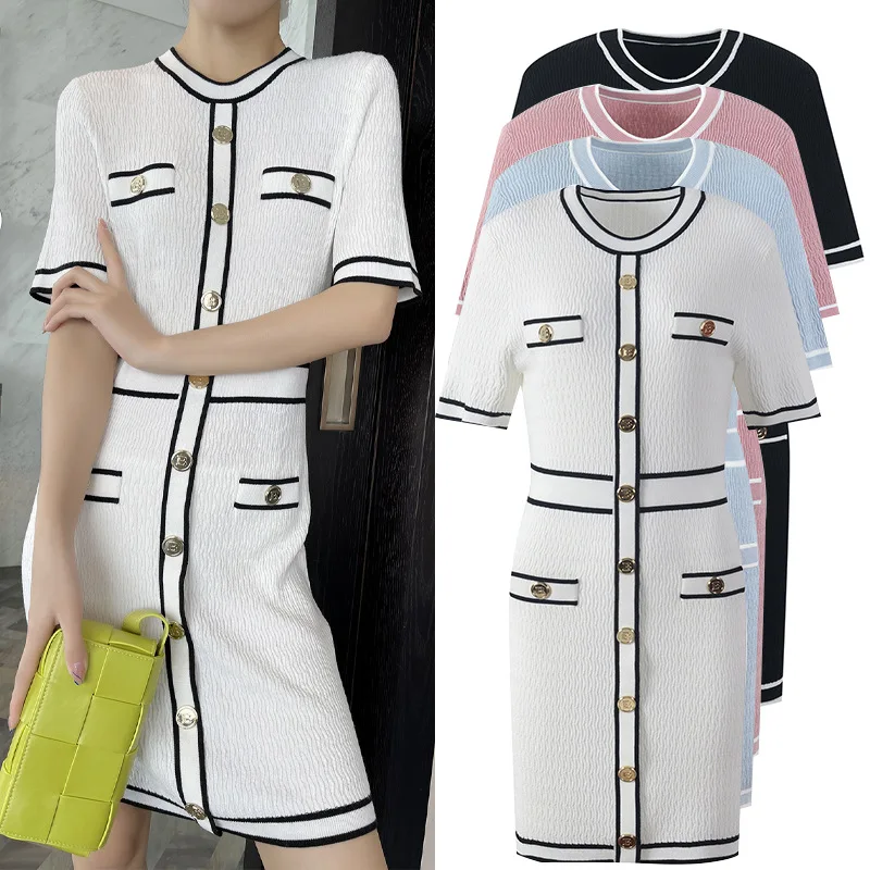 

ENGAGEMENT 2021 Summer Temperament Ladies Waist Metal Buckle Round Neck Short Sleeve Contrast Color Slim Knit Dress