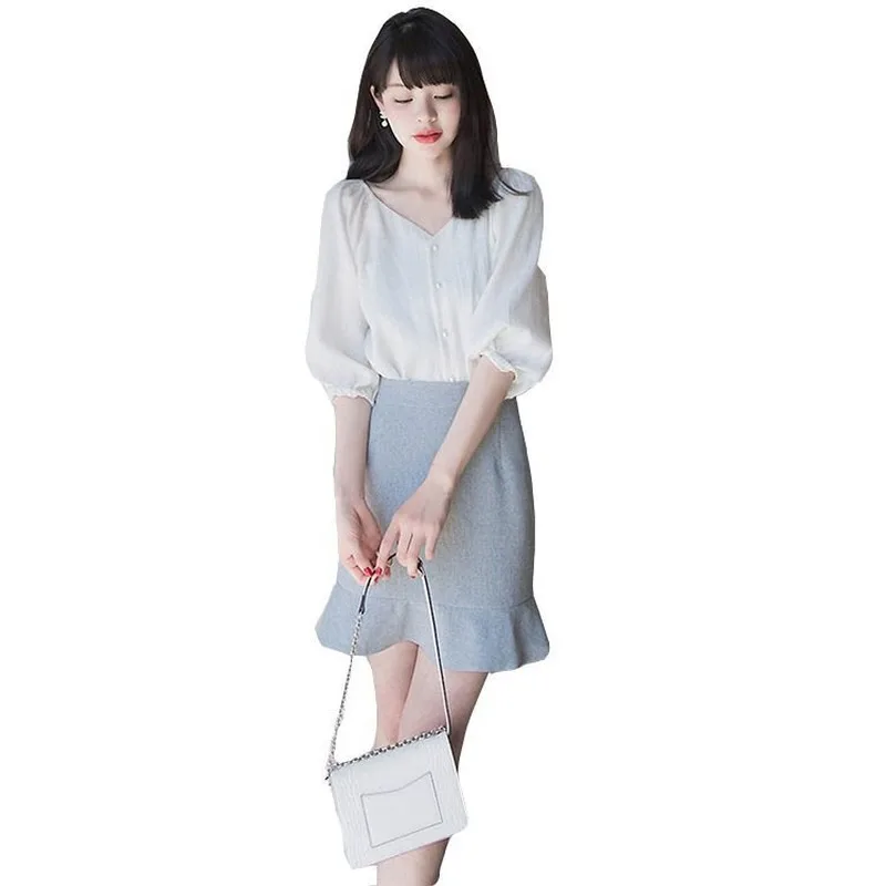 

2020 New Summer Solid Two Piece Sets Women White Single Breasted T-shirt Top and Grey Ruffle Edge Mini Short Skirt Matching Sets