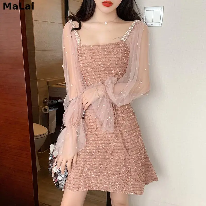 

Pink Dress Vintage Beading Mesh Patchwork Korean Dress Kawaii Mini Elegant Long Sleeve Women Autumn Street Sweet Ladies Dresses
