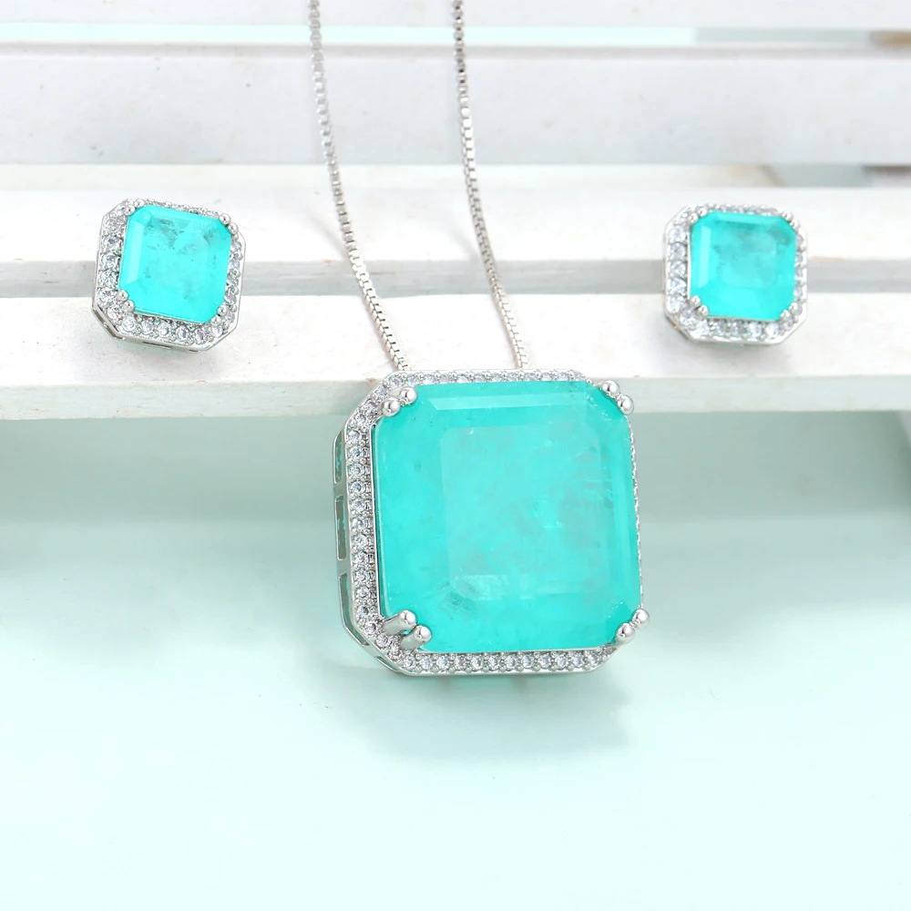 EYIKA Luxurious Blue Square Paraiba Tourmaline Green Fusion Stone Zircon Big Pendant Necklace Stud Earring Wedding Jewelry Set |