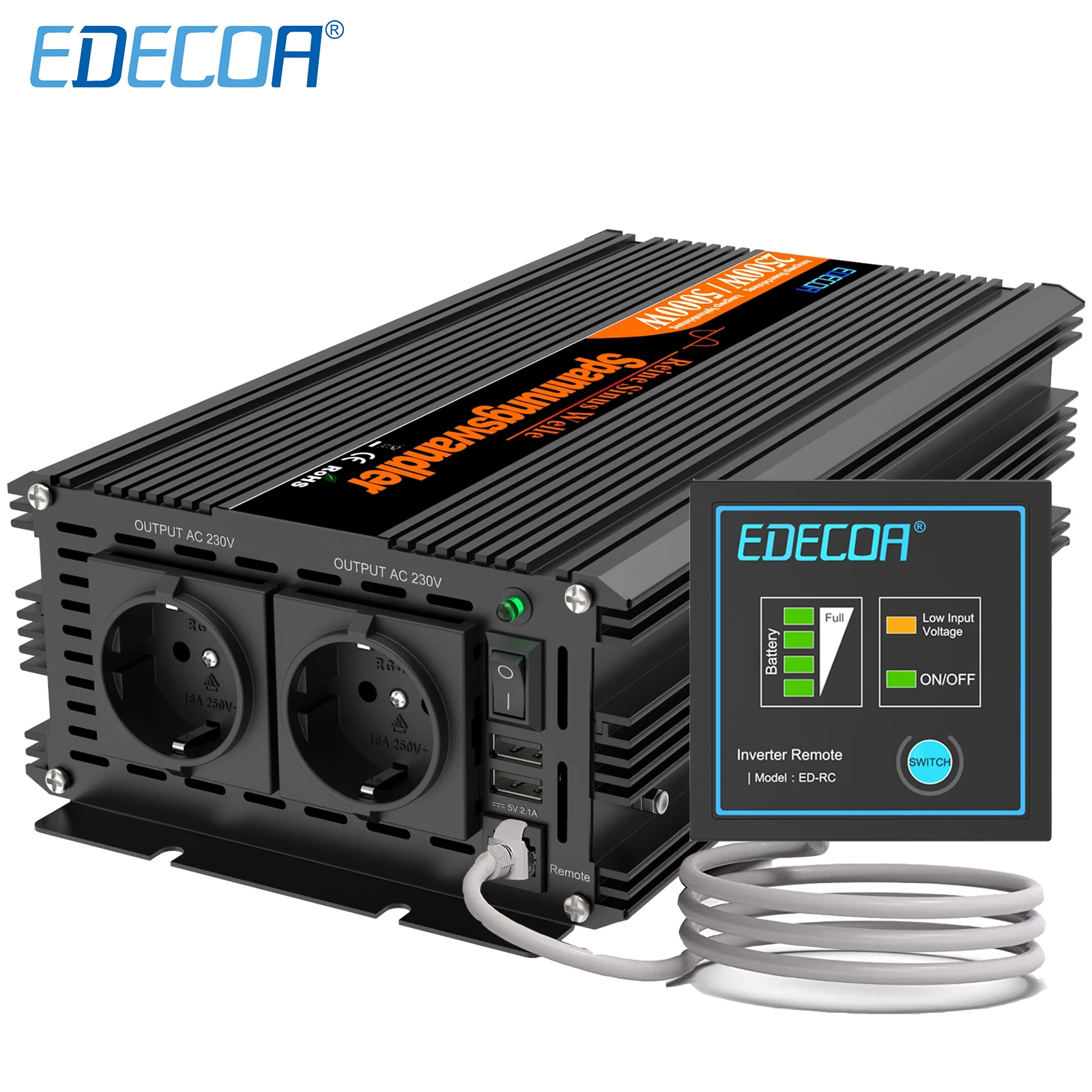 

2500W inverter 12v 230v Pure Sine Wave EDECOA Off Grid Converter DC 12V 24V To AC 220v 230v 2500 Watt Car Power Converter