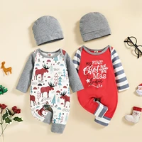 2pcs christmas baby boys girls romper with hats cartoon printed long sleeve button jumpsuits baby clothing