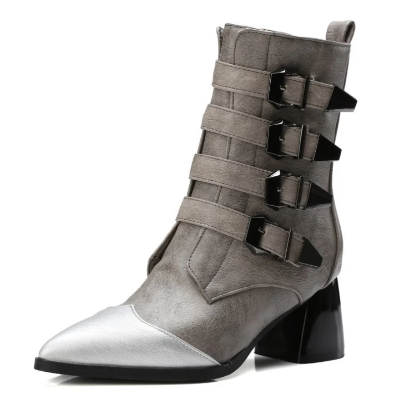 

2021 New Fashion Boots Women Autumn Winter Belt Buckle Botas Mujer Pointed Toe Chunky Heels Ankle Boots Ladies Shoes WSH4149