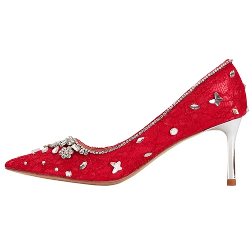 red 7cm heel Свадебная обувь; свадебные туфли; Новинка года; женские дизайнерские красные свадебные туфли со стразами; белые вечерние туфли-лодочки на тонком каблуке с украшением в виде кристаллов - Цвет: red 7cm heel