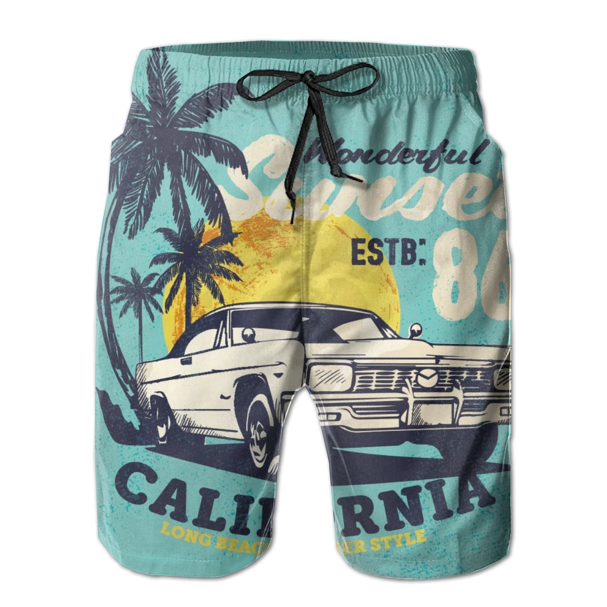 Pantalones cortos informales para hombre, bañador con cordón, moda de verano, playa, puesta de sol, Vintage, coche, 2020