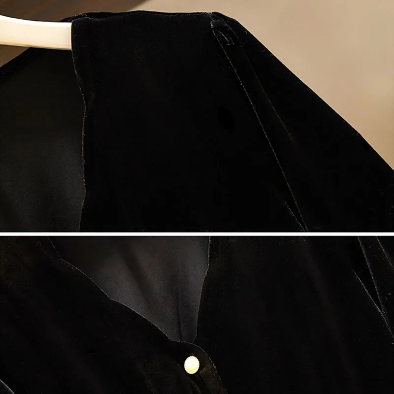 

Plus Size Women Lace Blouses And Black Velvet Long Dress New Arrival 2021 Spring England Style Ladies ELegant 2 Piece Sets W016