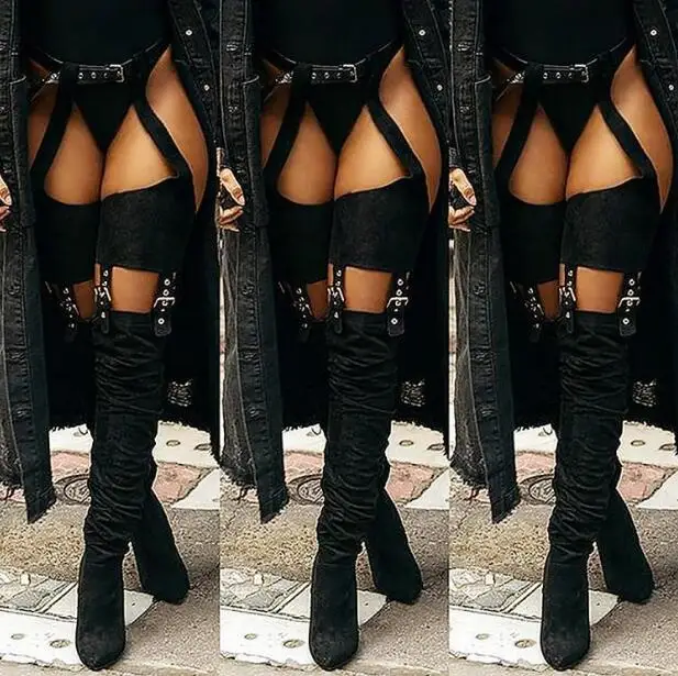 Red Yellow Black Suede Woman Pointed Toe Over The Knee Buckles Sexy Pants Belts Boots High Heel Square Toe Long Boots Lady