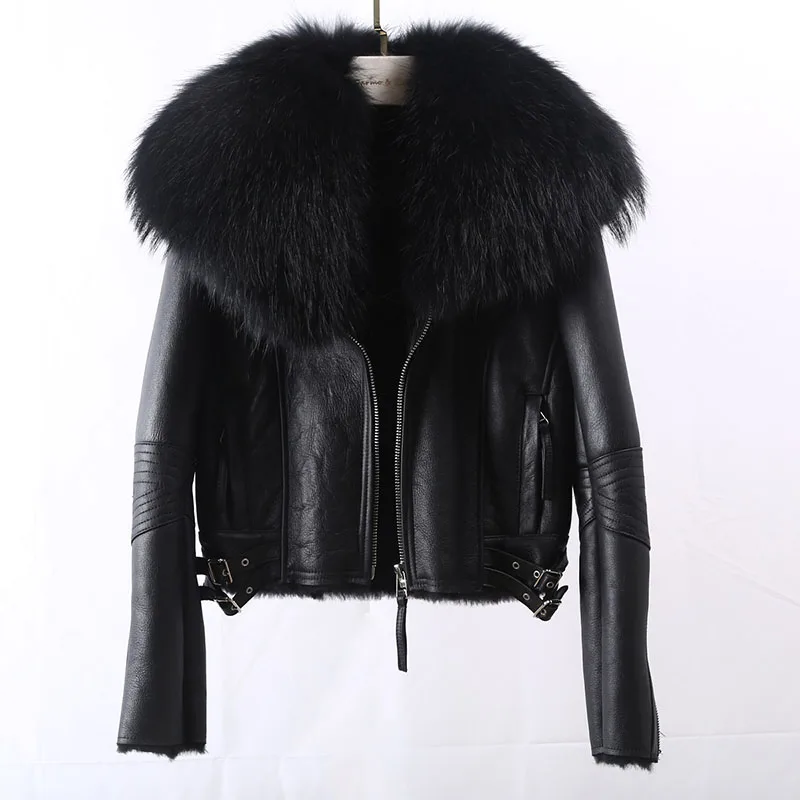 

2022 women's winter LUXURY fox fur collar SHEEP FUR shearling wool lining sheepskin surface biker jacket coat