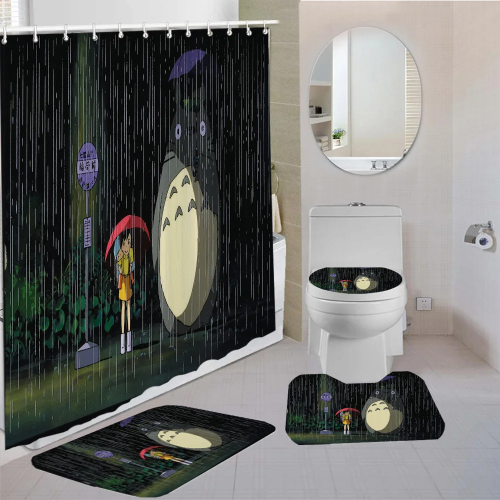 

Totoro Shower Curtains Sets Anime Cartoon Carpet Toilet 3D Print Bathroom Mat The Film Movie Kids Shower Curtain