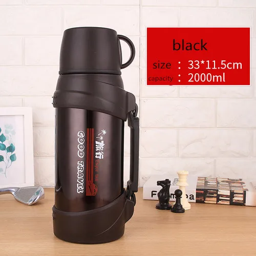 Black 2000ml 304 термос большой емкости из нержавеющей стали, 1200 мл, 1500 мл, 2л, для машины, для путешествий, портативная бутылка-термос л - Цвет: Black 2000ml