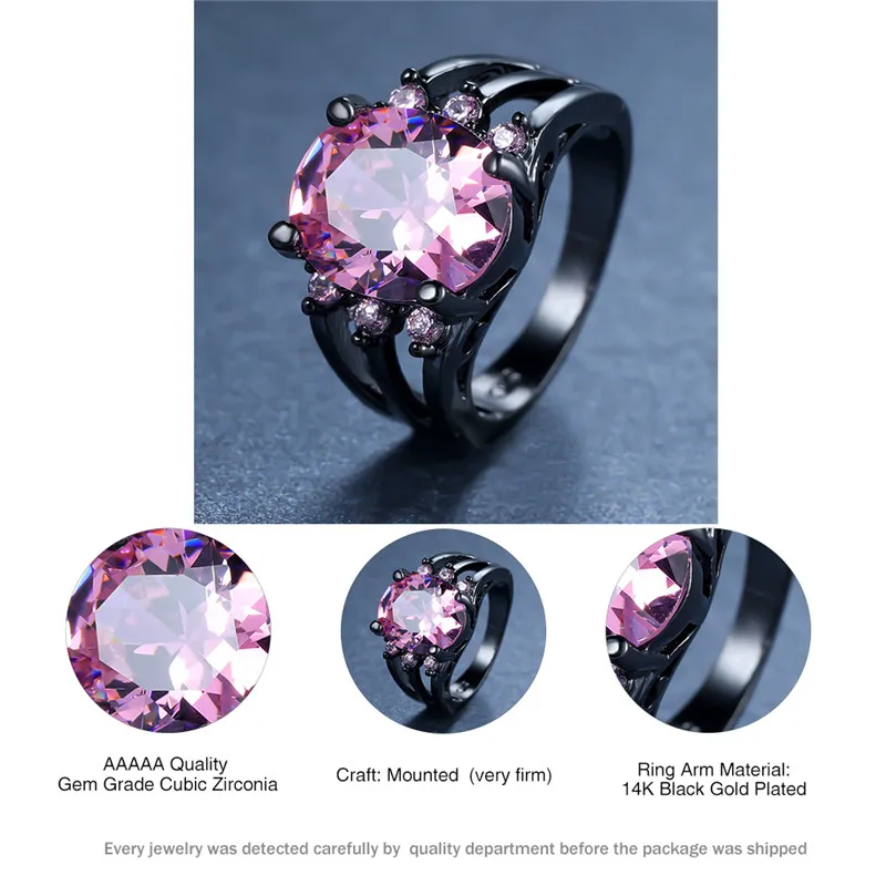 

Vintage Female Pink Crystal Stone Ring Classic 14KT Black Gold Wedding Bands Jewelry Punk Oval Zircon Engagement Rings For Women