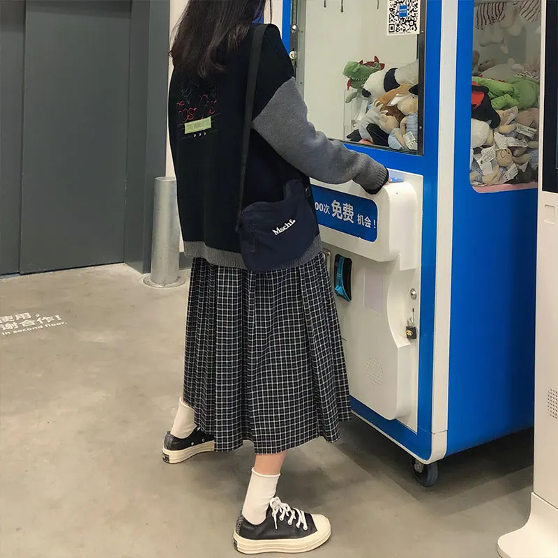 

SML high waist Long Skirts Woman 2020 spring autumn plaid A-line vintage pleated Skirts womens (X1262)