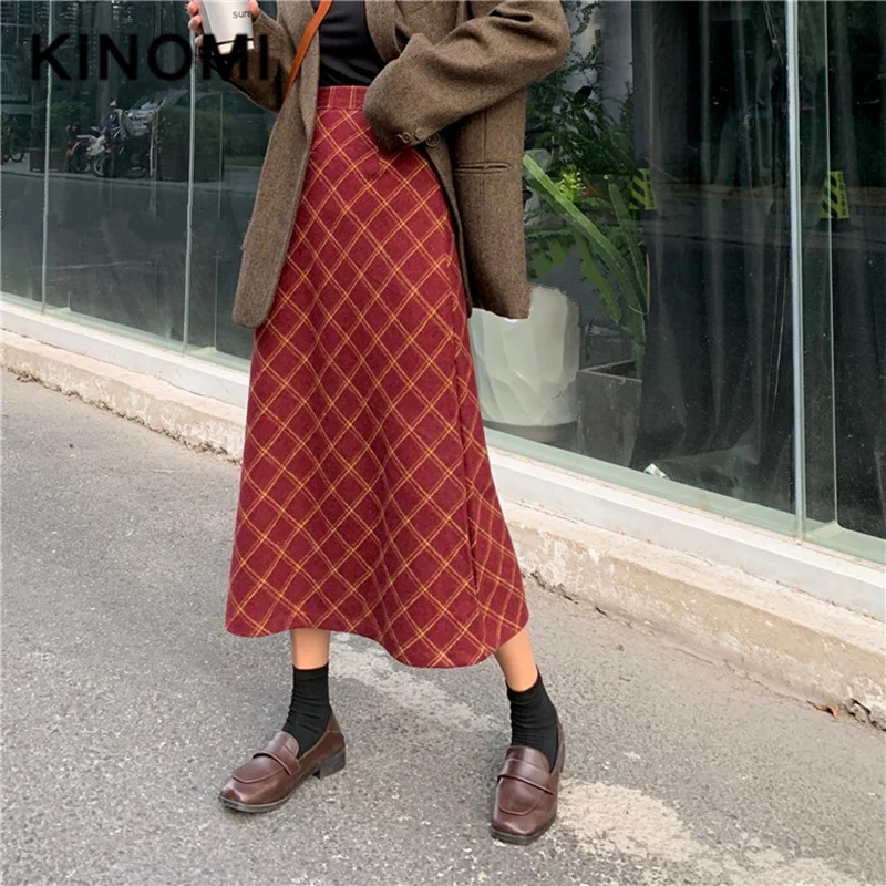 KINOMI осень-зима толстые шерстяные длинные юбки с высокой талией красные клетчатые
