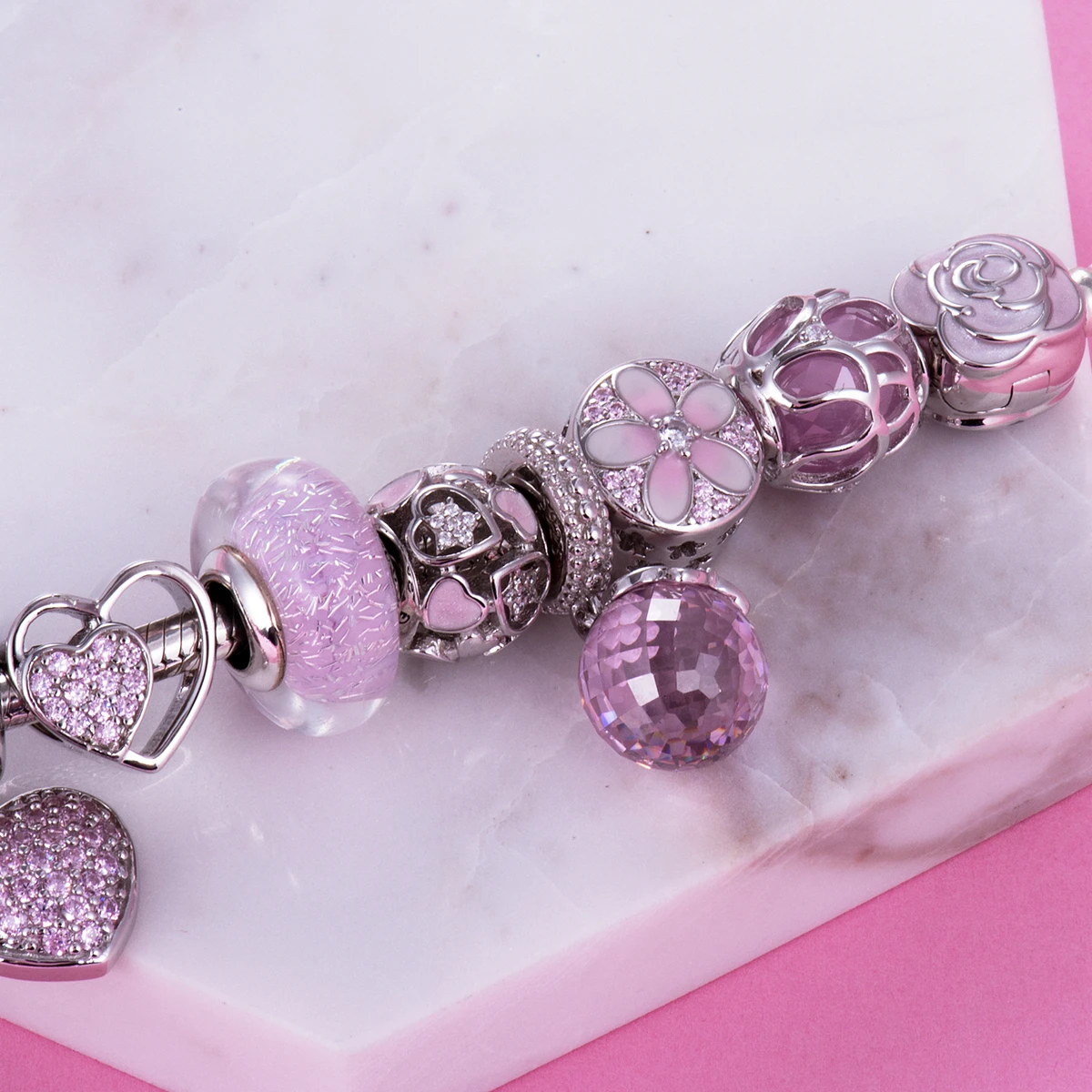 Подвеска для браслета из серебра 925 пробы в виде розового жемчужного сердца с