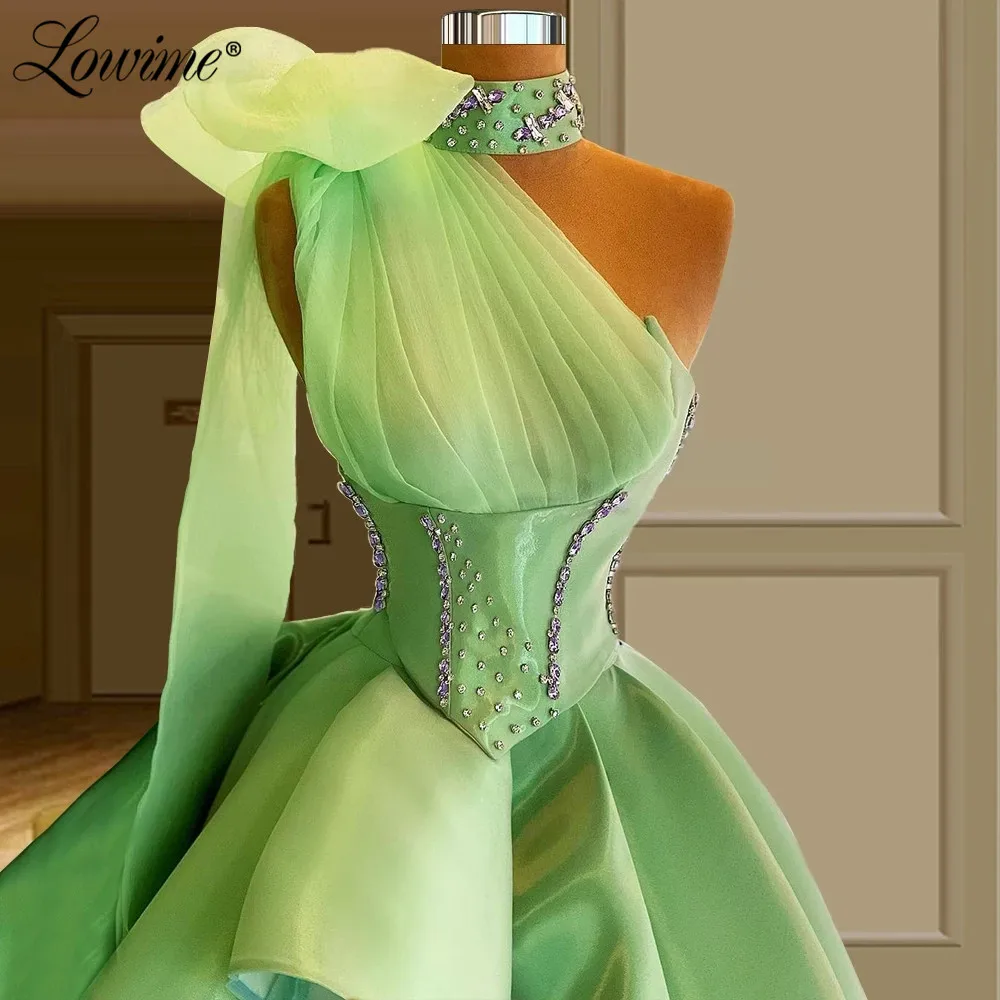 

Lowime Green One Shoulder Cocktail Party Dresses 2021 Customized Crystal Short Evening Gowns Puffy Prom Dress Robes De Cocktail