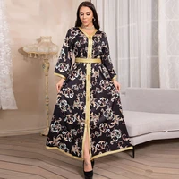 middle east turkey oman clothing robe printed long belt dress ramadan new abaya dubai muslim female elegant party evening dress