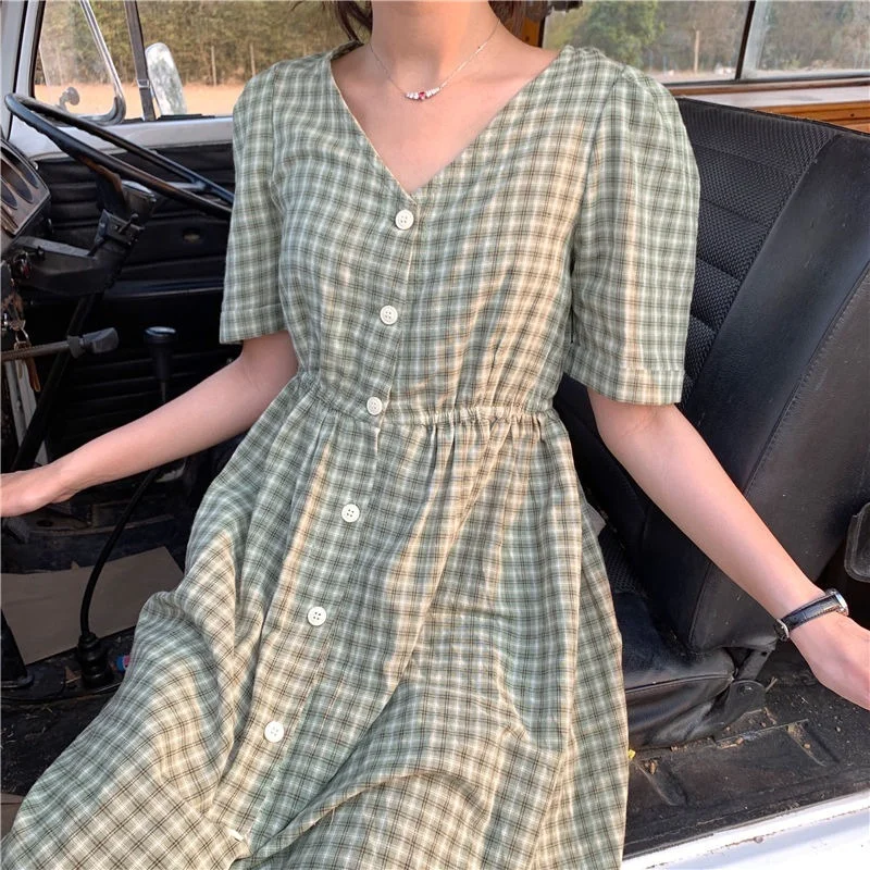 

Dress Women Single Breasted French Style Plaid Yellow Colorful Summer Sweet Girls Holiday Simple Femme Vestidos New Arrival Chic