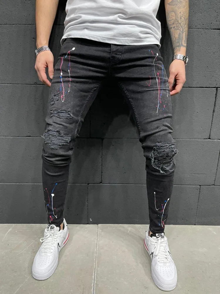 Men Skinny Jeans Oil paint Long Pencil Pants Ripped Jeans Slim Spring Hole Male Hip-hop Trousers Clothes