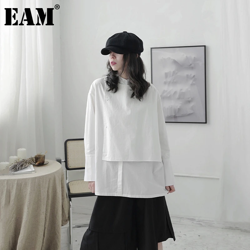 

[EAM] Women White Irregular Back Vent Big Size Blouse New Stand Collar Long Sleeve Loose Shirt Fashion Spring Autumn 2022 1DB387