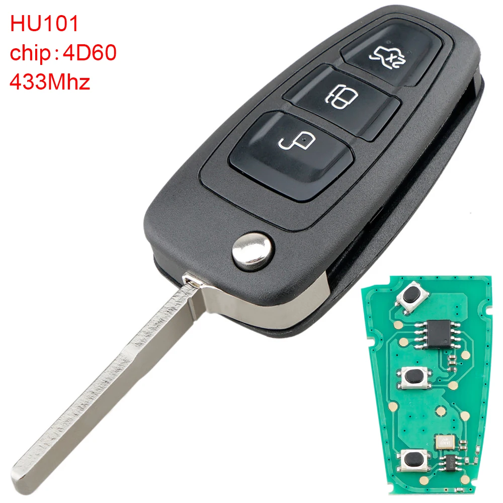 

Пульт дистанционного управления с чипом 4D60 и лезвием HU101 для Ford Fiesta Focus, 3 кнопки, 433 МГц