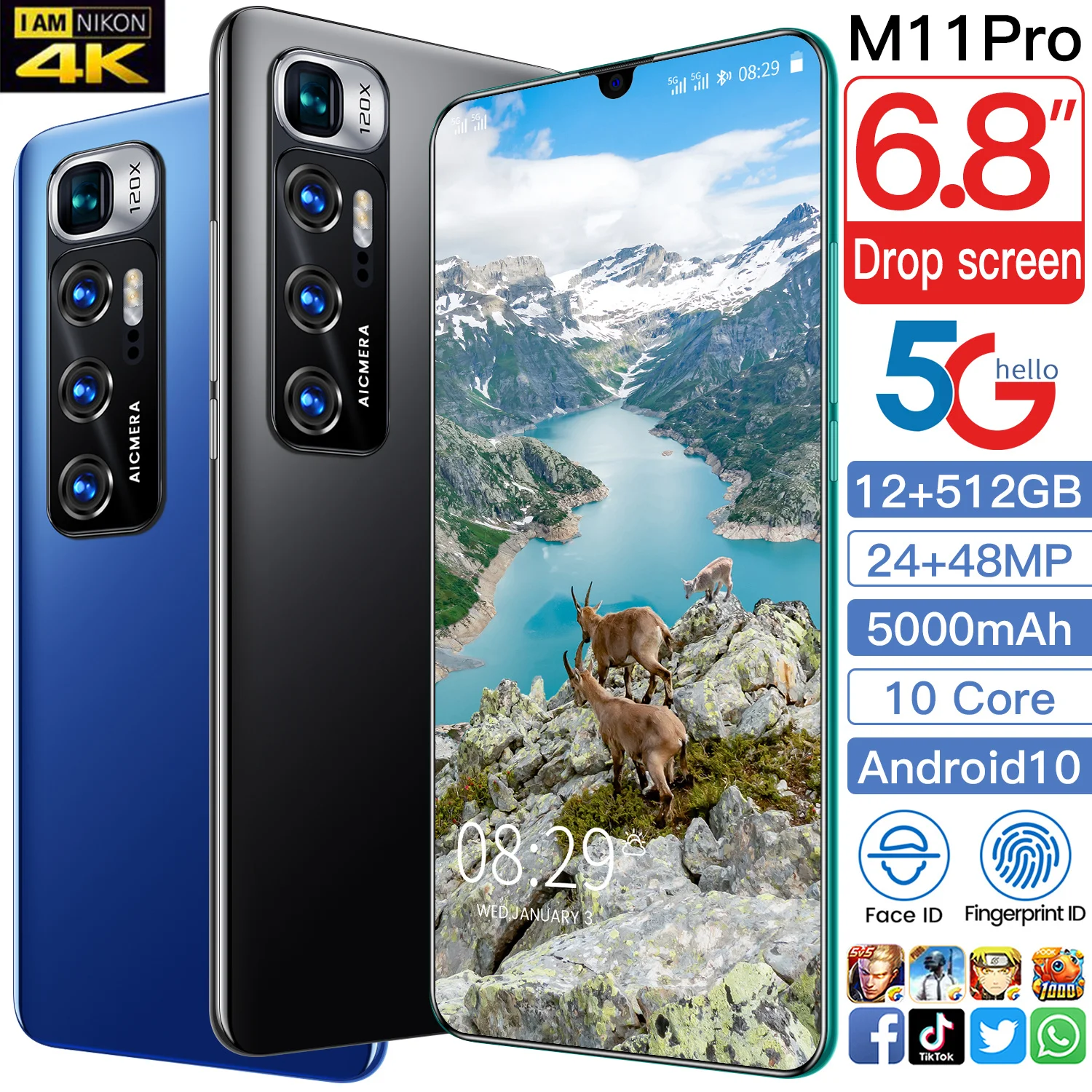 

New Arrival M11 Pro 2021 6.8Inch Drop Screen 10Core 1440*3200 12+512GB Face Unlock 24MP+48MP Dual SIM Global 5G Android10 Phone