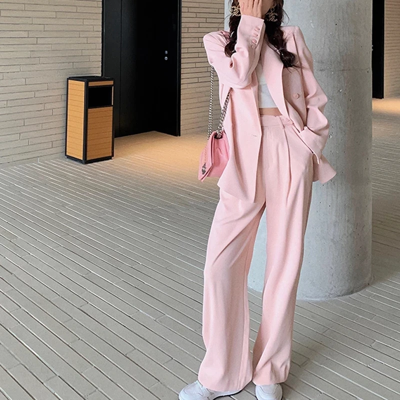 

Luck A 2021 Women Office White Pink Suit Two-Piece Pantsuit Elegant Blazer Female Set Casual Loose Pants Jacket Work Clothes