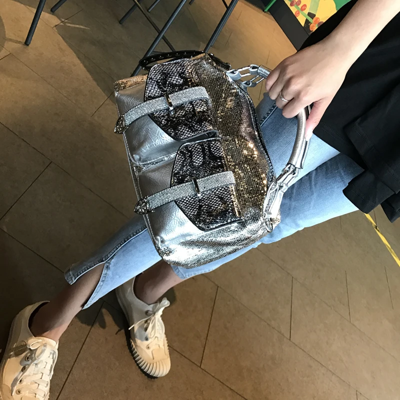 

Sequined Ladies Handbag Designer Motorcycle Biker Shoulder Crossbody Bag Female Snake Print Casual Tote Bag Fashion Shopper Bag