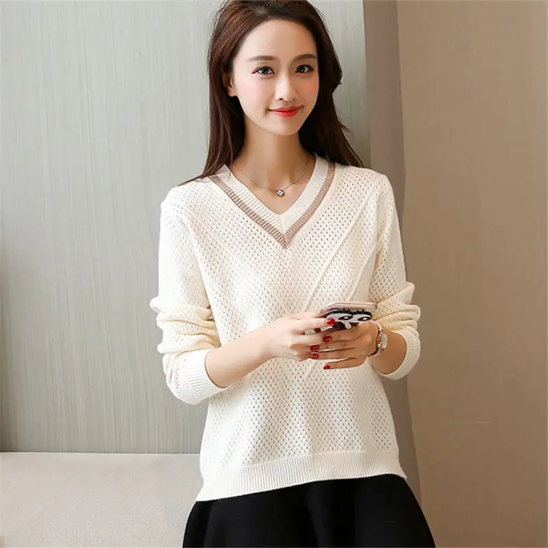 

Spring and Autumn Knitted Sweater Women's Pullover Short Loose and Plus-sized Sweater Thin Long Sleeve Bottoming Hollow Shirt