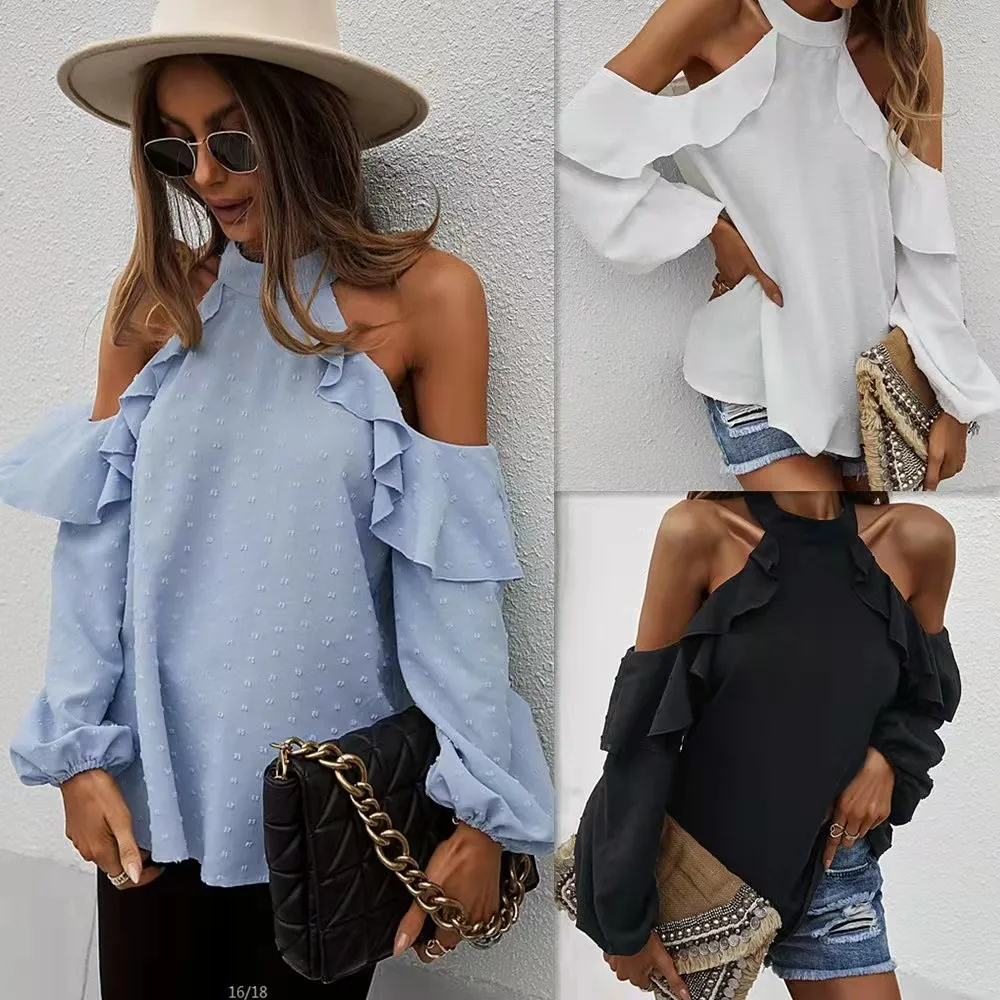 

Women's Off-the-shoulder Tops 2022 Spring And Summer Leisure Vacation Lotus Leaf Sleeve T-shirt