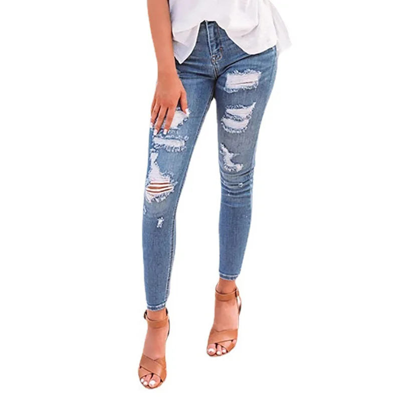 

Ripped Jeans New Women's Stretch Spring And Summer Ripped High Waist Skinny Pants Solid Color Jeans Fashion Casual Tight Pants