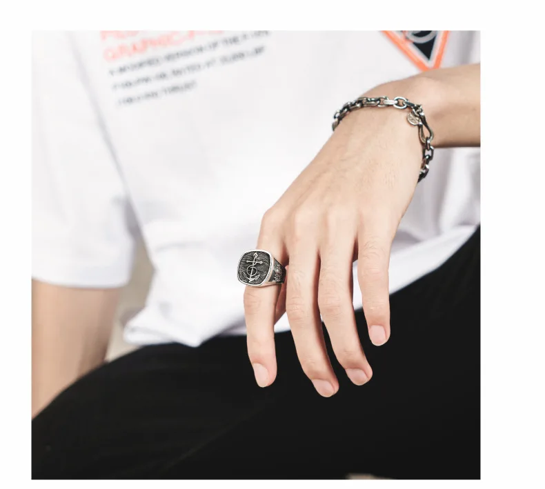S925 silver Nordic fearless ship anchor man's ring, wide version original design personalized Navy style forefinger ring