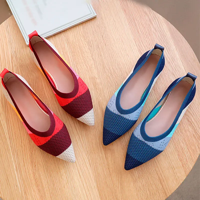 

Women Pointed Toe Loafers Women's Knitted Moccasins Breathable Mixed Color Female Spring Flats Pregnant Woman Shoe Casual 2021